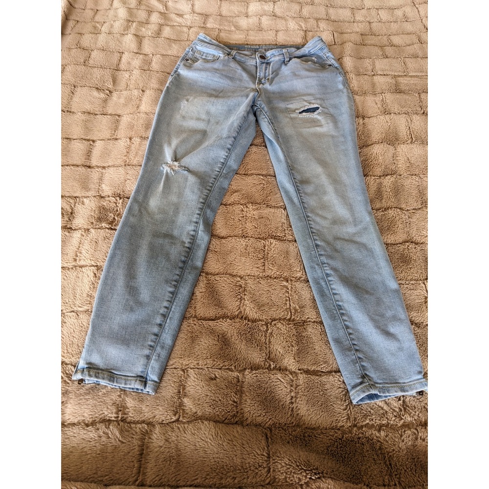 Old Navy Rockstar Mid Rise Distressed Skinny Jeans Light Wash Ankle Zip Size 10